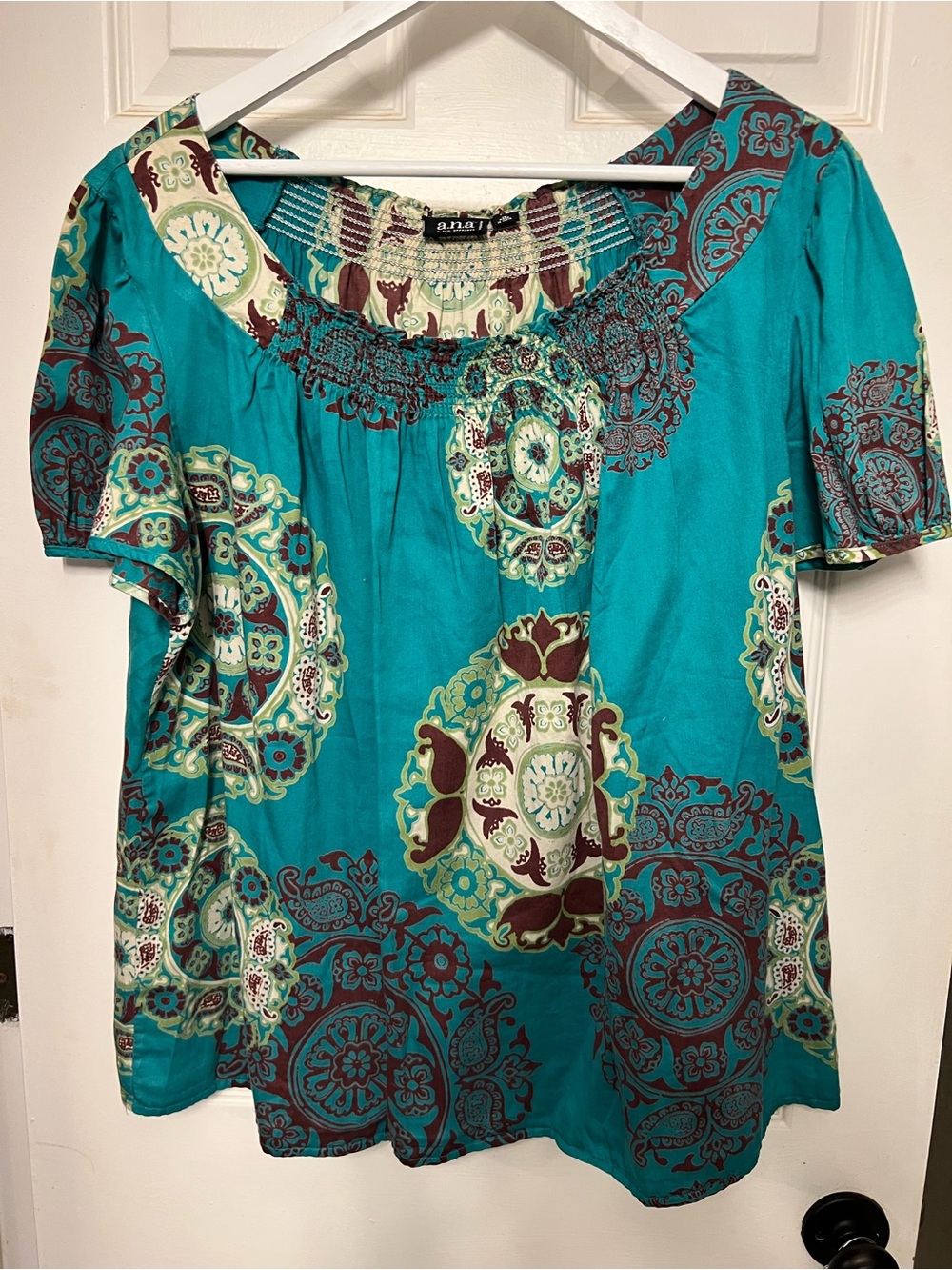 a.n.a Teal Medallion Print Peasant Top
